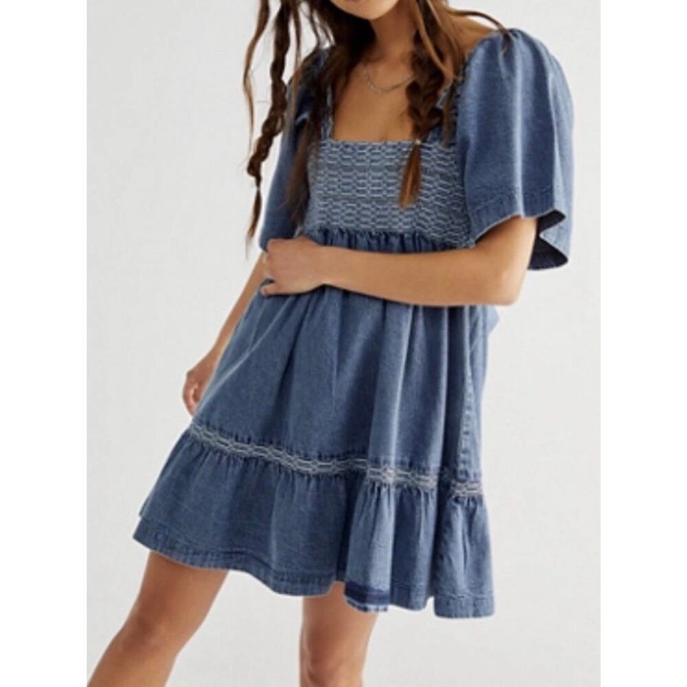Free People Easy to Love Smocked Denim Mini Dress Boho Sz Medium